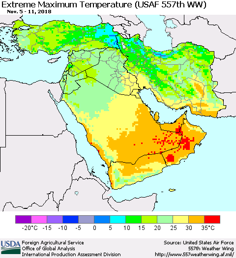 Middle East and Turkey Maximum Daily Temperature (USAF 557th WW) Thematic Map For 11/5/2018 - 11/11/2018