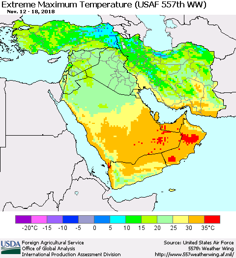 Middle East and Turkey Maximum Daily Temperature (USAF 557th WW) Thematic Map For 11/12/2018 - 11/18/2018