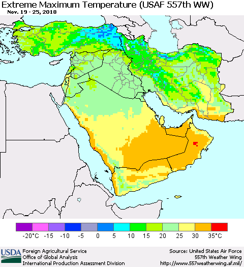 Middle East and Turkey Maximum Daily Temperature (USAF 557th WW) Thematic Map For 11/19/2018 - 11/25/2018