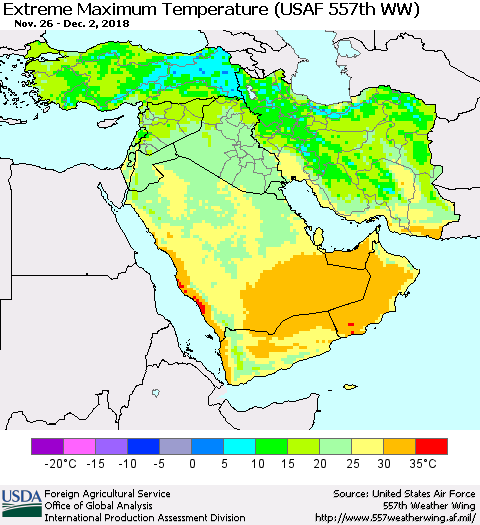 Middle East and Turkey Maximum Daily Temperature (USAF 557th WW) Thematic Map For 11/26/2018 - 12/2/2018