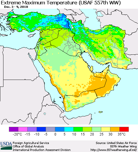 Middle East and Turkey Maximum Daily Temperature (USAF 557th WW) Thematic Map For 12/3/2018 - 12/9/2018