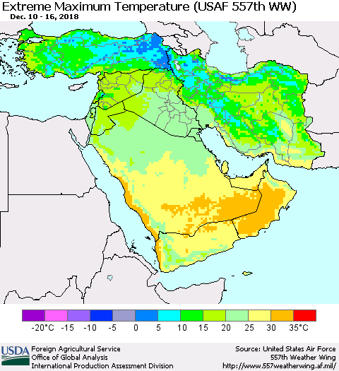 Middle East and Turkey Maximum Daily Temperature (USAF 557th WW) Thematic Map For 12/10/2018 - 12/16/2018