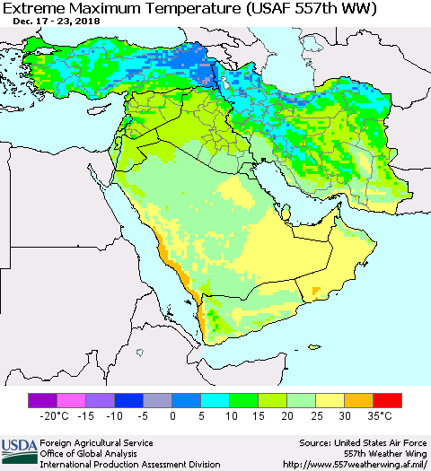 Middle East and Turkey Maximum Daily Temperature (USAF 557th WW) Thematic Map For 12/17/2018 - 12/23/2018