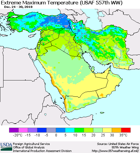Middle East and Turkey Maximum Daily Temperature (USAF 557th WW) Thematic Map For 12/24/2018 - 12/30/2018