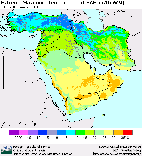 Middle East and Turkey Maximum Daily Temperature (USAF 557th WW) Thematic Map For 12/31/2018 - 1/6/2019