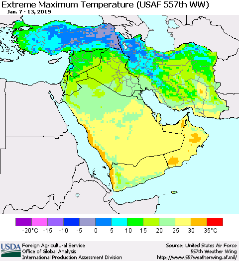 Middle East and Turkey Maximum Daily Temperature (USAF 557th WW) Thematic Map For 1/7/2019 - 1/13/2019