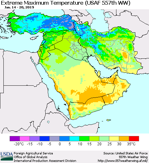Middle East and Turkey Maximum Daily Temperature (USAF 557th WW) Thematic Map For 1/14/2019 - 1/20/2019