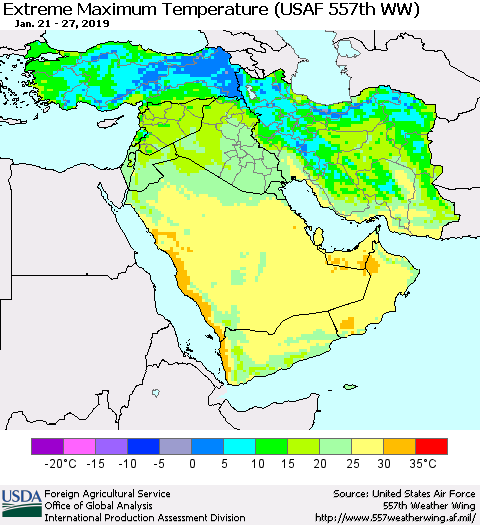 Middle East and Turkey Maximum Daily Temperature (USAF 557th WW) Thematic Map For 1/21/2019 - 1/27/2019