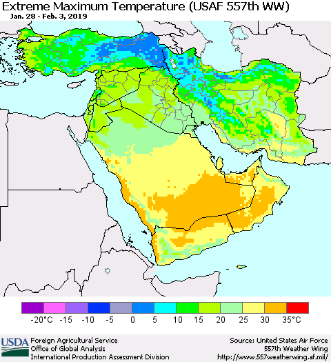 Middle East and Turkey Maximum Daily Temperature (USAF 557th WW) Thematic Map For 1/28/2019 - 2/3/2019