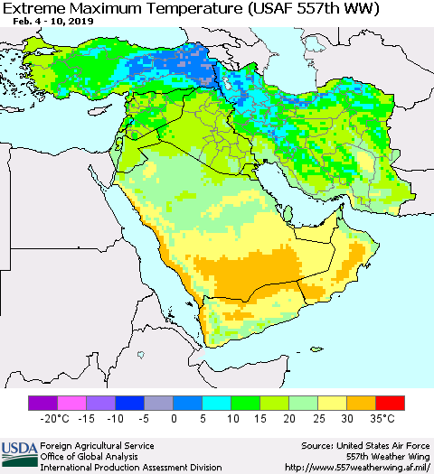 Middle East and Turkey Maximum Daily Temperature (USAF 557th WW) Thematic Map For 2/4/2019 - 2/10/2019