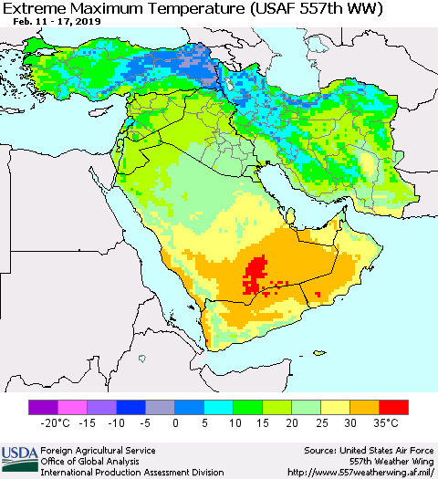 Middle East and Turkey Maximum Daily Temperature (USAF 557th WW) Thematic Map For 2/11/2019 - 2/17/2019