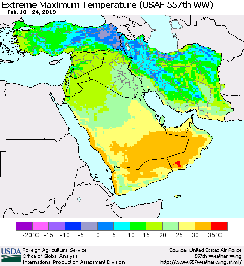 Middle East and Turkey Maximum Daily Temperature (USAF 557th WW) Thematic Map For 2/18/2019 - 2/24/2019