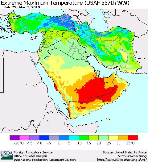 Middle East and Turkey Maximum Daily Temperature (USAF 557th WW) Thematic Map For 2/25/2019 - 3/3/2019
