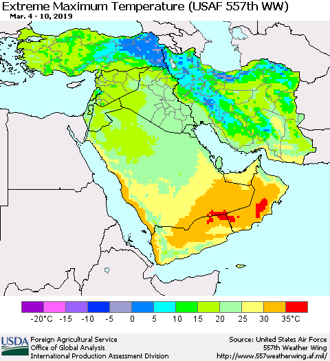 Middle East and Turkey Maximum Daily Temperature (USAF 557th WW) Thematic Map For 3/4/2019 - 3/10/2019