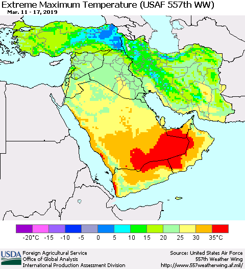 Middle East and Turkey Maximum Daily Temperature (USAF 557th WW) Thematic Map For 3/11/2019 - 3/17/2019