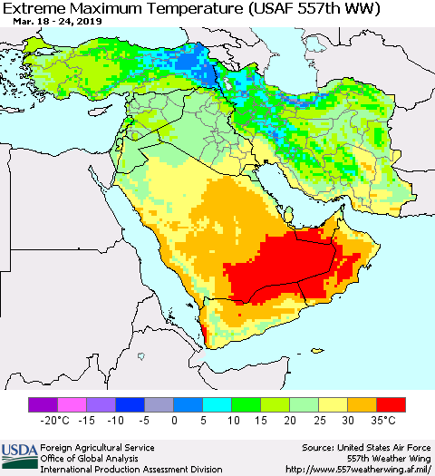 Middle East and Turkey Maximum Daily Temperature (USAF 557th WW) Thematic Map For 3/18/2019 - 3/24/2019