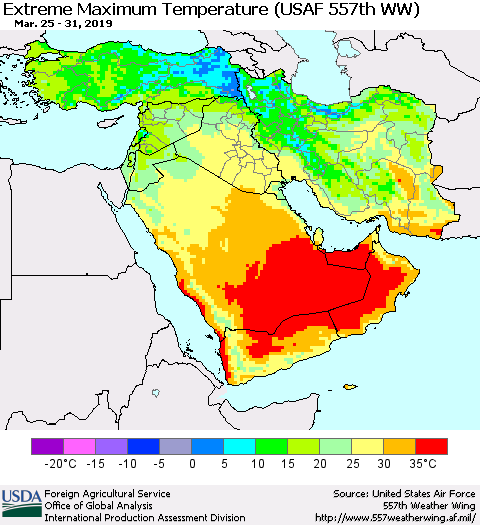 Middle East and Turkey Maximum Daily Temperature (USAF 557th WW) Thematic Map For 3/25/2019 - 3/31/2019