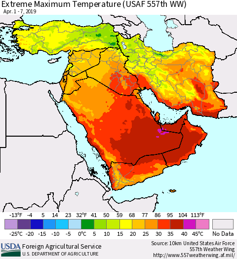 Middle East and Turkey Maximum Daily Temperature (USAF 557th WW) Thematic Map For 4/1/2019 - 4/7/2019