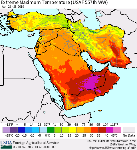 Middle East and Turkey Maximum Daily Temperature (USAF 557th WW) Thematic Map For 4/22/2019 - 4/28/2019
