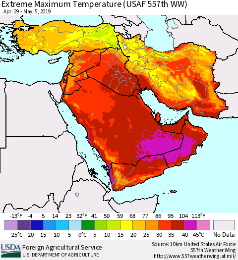 Middle East and Turkey Maximum Daily Temperature (USAF 557th WW) Thematic Map For 4/29/2019 - 5/5/2019