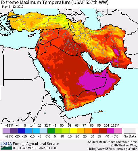 Middle East and Turkey Maximum Daily Temperature (USAF 557th WW) Thematic Map For 5/6/2019 - 5/12/2019