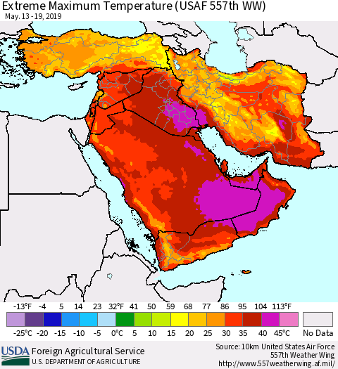 Middle East and Turkey Maximum Daily Temperature (USAF 557th WW) Thematic Map For 5/13/2019 - 5/19/2019
