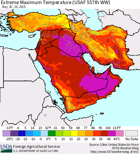 Middle East and Turkey Maximum Daily Temperature (USAF 557th WW) Thematic Map For 5/20/2019 - 5/26/2019