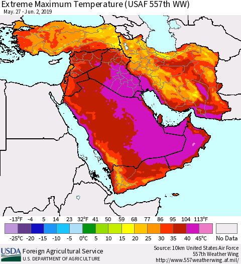 Middle East and Turkey Maximum Daily Temperature (USAF 557th WW) Thematic Map For 5/27/2019 - 6/2/2019