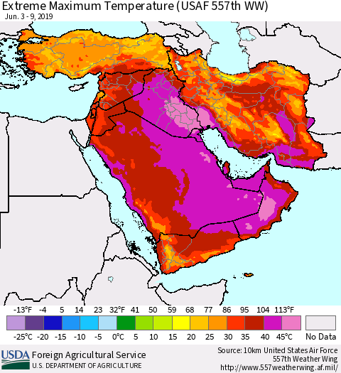 Middle East and Turkey Maximum Daily Temperature (USAF 557th WW) Thematic Map For 6/3/2019 - 6/9/2019