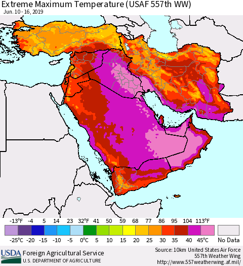 Middle East and Turkey Maximum Daily Temperature (USAF 557th WW) Thematic Map For 6/10/2019 - 6/16/2019