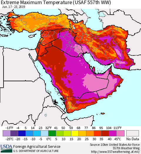 Middle East and Turkey Maximum Daily Temperature (USAF 557th WW) Thematic Map For 6/17/2019 - 6/23/2019
