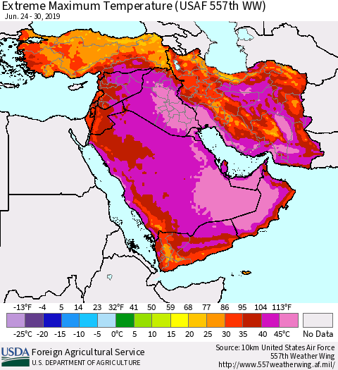 Middle East and Turkey Maximum Daily Temperature (USAF 557th WW) Thematic Map For 6/24/2019 - 6/30/2019