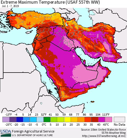 Middle East and Turkey Maximum Daily Temperature (USAF 557th WW) Thematic Map For 7/1/2019 - 7/7/2019