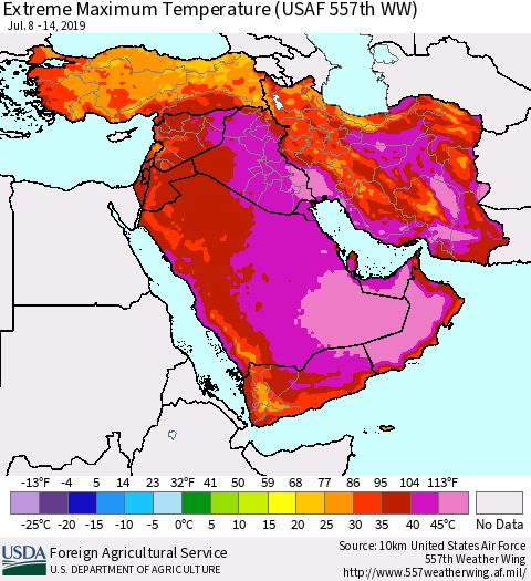 Middle East and Turkey Maximum Daily Temperature (USAF 557th WW) Thematic Map For 7/8/2019 - 7/14/2019