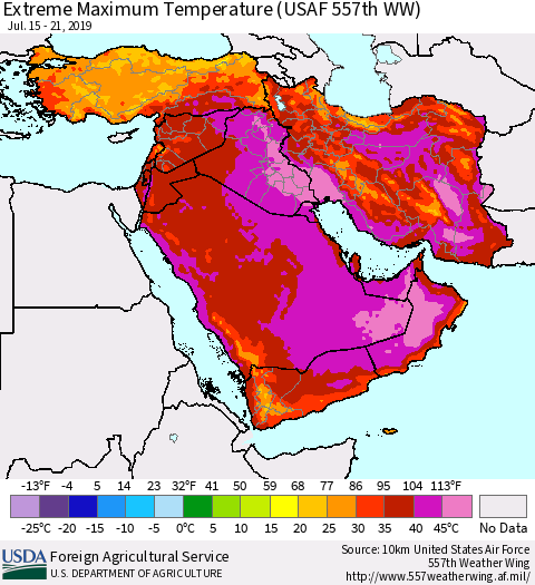 Middle East and Turkey Maximum Daily Temperature (USAF 557th WW) Thematic Map For 7/15/2019 - 7/21/2019