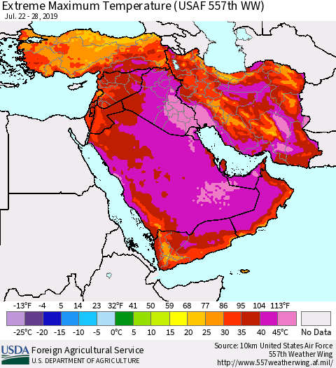 Middle East and Turkey Maximum Daily Temperature (USAF 557th WW) Thematic Map For 7/22/2019 - 7/28/2019
