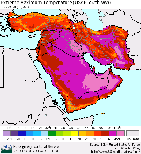 Middle East and Turkey Maximum Daily Temperature (USAF 557th WW) Thematic Map For 7/29/2019 - 8/4/2019