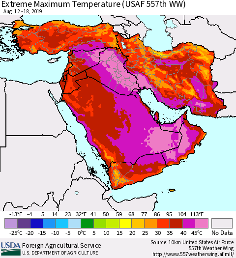 Middle East and Turkey Maximum Daily Temperature (USAF 557th WW) Thematic Map For 8/12/2019 - 8/18/2019