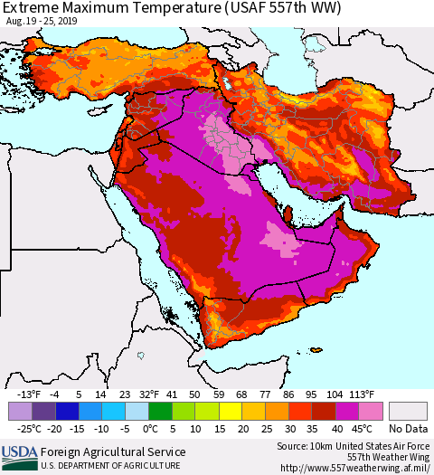 Middle East and Turkey Maximum Daily Temperature (USAF 557th WW) Thematic Map For 8/19/2019 - 8/25/2019