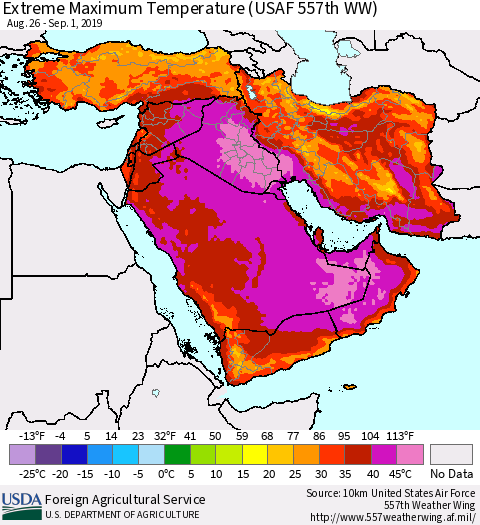 Middle East and Turkey Maximum Daily Temperature (USAF 557th WW) Thematic Map For 8/26/2019 - 9/1/2019