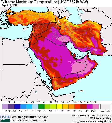 Middle East and Turkey Maximum Daily Temperature (USAF 557th WW) Thematic Map For 9/2/2019 - 9/8/2019