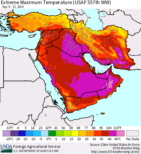 Middle East and Turkey Maximum Daily Temperature (USAF 557th WW) Thematic Map For 9/9/2019 - 9/15/2019