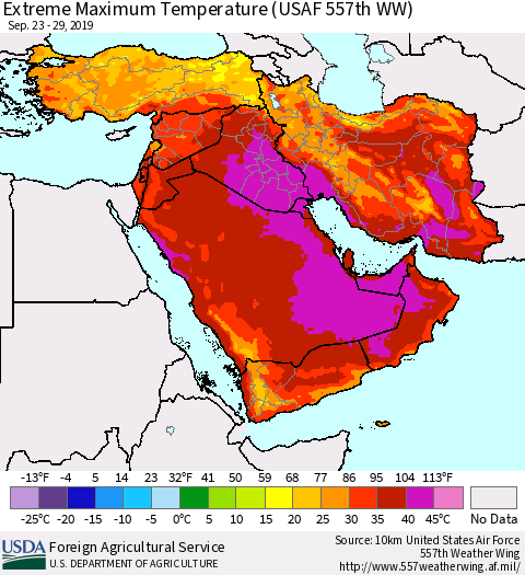 Middle East and Turkey Maximum Daily Temperature (USAF 557th WW) Thematic Map For 9/23/2019 - 9/29/2019