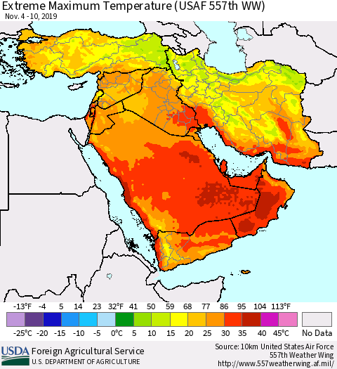 Middle East and Turkey Maximum Daily Temperature (USAF 557th WW) Thematic Map For 11/4/2019 - 11/10/2019