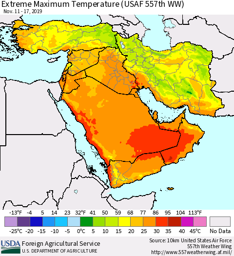 Middle East and Turkey Maximum Daily Temperature (USAF 557th WW) Thematic Map For 11/11/2019 - 11/17/2019