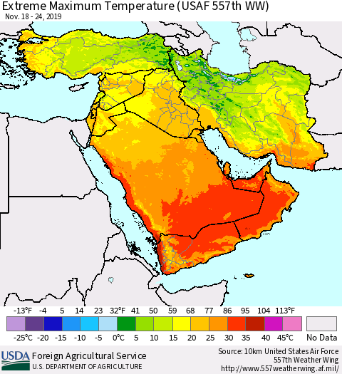 Middle East and Turkey Maximum Daily Temperature (USAF 557th WW) Thematic Map For 11/18/2019 - 11/24/2019