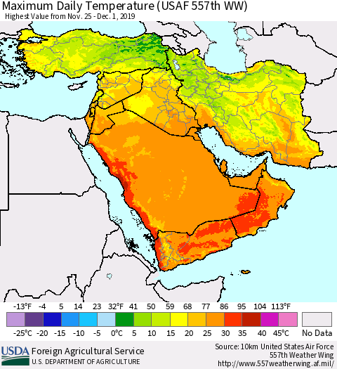 Middle East and Turkey Maximum Daily Temperature (USAF 557th WW) Thematic Map For 11/25/2019 - 12/1/2019