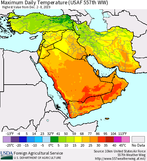 Middle East and Turkey Maximum Daily Temperature (USAF 557th WW) Thematic Map For 12/2/2019 - 12/8/2019