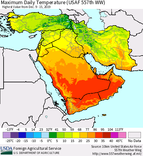 Middle East and Turkey Maximum Daily Temperature (USAF 557th WW) Thematic Map For 12/9/2019 - 12/15/2019
