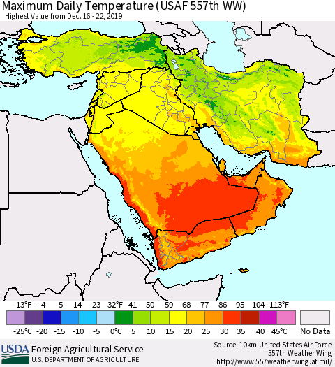 Middle East and Turkey Maximum Daily Temperature (USAF 557th WW) Thematic Map For 12/16/2019 - 12/22/2019